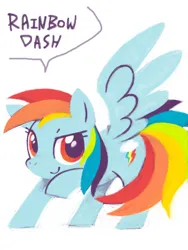 Size: 480x640 | Tagged: safe, artist:tsukisayu, derpibooru import, part of a set, rainbow dash, pegasus, pony, g4, character name, closed mouth, feathered wings, female, image, looking at you, mare, name, oekaki, png, raised hoof, red eyes, simple background, smiling, smiling at you, solo, speech bubble, standing, three quarter view, white background, wings