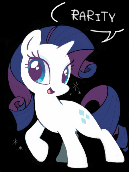 Size: 480x640 | Tagged: safe, artist:tsukisayu, derpibooru import, part of a set, rarity, pony, unicorn, g4, :d, black background, character name, female, full body, horn, image, looking at you, mare, name, oekaki, open mouth, open smile, png, simple background, smiling, smiling at you, solo, speech bubble, walking