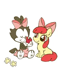 Size: 480x640 | Tagged: safe, artist:tsukisayu, derpibooru import, apple bloom, earth pony, pony, g4, animaniacs, apple, bow, closed mouth, crossover, dot warner, duo, duo female, eyes closed, female, filly, flower, foal, food, full body, hair bow, holding, image, looking at someone, oekaki, paws, pixel-crisp art, png, raised hand, simple background, sitting, smiling, smiling at someone, three quarter view, white background