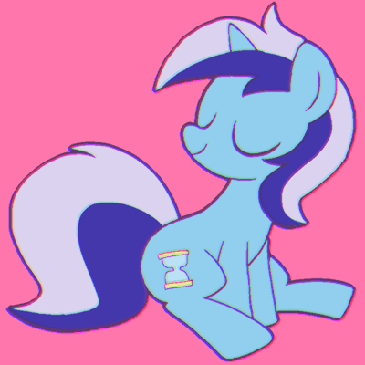 Size: 400x400 | Tagged: safe, artist:tsukisayu, derpibooru import, minuette, pony, unicorn, g4, background pony, chromatic aberration, closed mouth, eyes closed, female, full body, horn, image, mare, pink background, png, simple background, sitting, smiling, solo, turned head