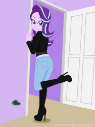 Size: 2400x3200 | Tagged: safe, artist:gibsterboy5, derpibooru import, starlight glimmer, human, equestria girls, g4, against wall, boots, breasts, clothes, complex background, denim, door, doorway, eyeshadow, female, high heel boots, high heels, high res, image, indoors, jacket, jeans, jpeg, leather, leather jacket, looking at you, looking back, looking back at you, makeup, midriff, multicolored hair, pants, platform boots, platform heels, platform shoes, raised leg, seductive, seductive pose, shirt, shoes, signature, smiling, smiling at you, solo, standing, standing on one leg