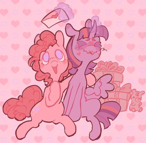 Size: 484x475 | Tagged: safe, artist:cherubheartz, derpibooru import, pinkie pie, twilight sparkle, twilight sparkle (alicorn), alicorn, earth pony, pony, g4, :d, ><, blush scribble, blush sticker, blushing, bushy brows, duo, duo female, embarrassed, eyes closed, feathered wings, female, front view, full body, glow, glowing horn, heart, heart background, holiday, hoof around neck, hoof on chest, horn, image, kiss mark, lesbian, letter, lipstick, looking up, love letter, magic, mare, no pupils, open mouth, open smile, pastel, plushie, png, present, shipping, sitting, smiling, sparkles, teddy bear, telekinesis, twinkie, valentine's day, valentine's day 2025, wavy mouth, wings