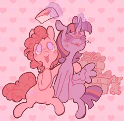 Size: 484x475 | Tagged: safe, artist:cherubheartz, derpibooru import, pinkie pie, twilight sparkle, twilight sparkle (alicorn), alicorn, earth pony, pony, g4, :d, ><, blush scribble, blush sticker, blushing, bushy brows, duo, duo female, embarrassed, eyes closed, feathered wings, female, front view, full body, glow, glowing horn, heart, heart background, holiday, hoof around neck, hoof on chest, horn, image, kiss mark, lesbian, letter, lipstick, looking up, love letter, magic, mare, no pupils, open mouth, open smile, pastel, plushie, png, present, shipping, sitting, smiling, sparkles, teddy bear, telekinesis, twinkie, valentine's day, valentine's day 2025, wavy mouth, wings