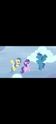 Size: 720x1600 | Tagged: safe, derpibooru import, screencap, clear skies, open skies, sunshower, pegasus, pony, g4, tanks for the memories, absurd resolution, bipedal, duo, duo female, eyes closed, female, flying, hooves on hips, image, jpeg, male, mare, meta, my little pony, phone screen, pointing, simple background, smiling, solo, solo male, spread wings, stallion, trio, twitter, twitter link, vector, wings