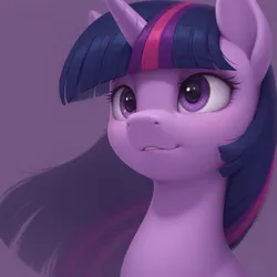 Size: 1536x1536 | Tagged: safe, anonymous prompter, machine learning generated, stable diffusion, twilight sparkle, pony, unicorn, g4, female, horn, image, jpeg, purple background, simple background, smiling, solo, solo female