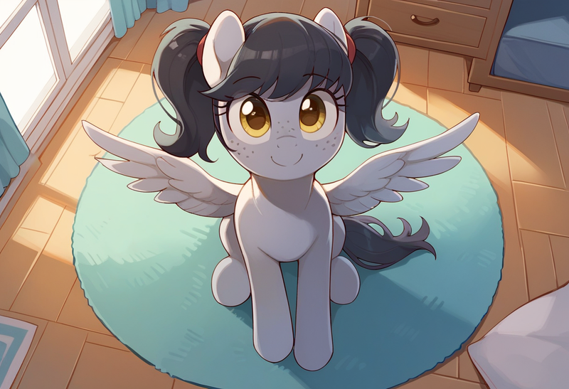 Size: 1216x832 | Tagged: safe, machine learning generated, oc, unofficial characters only, pegasus, pony, carpet, cute, female, freckles, from above, generator:pony diffusion v6 xl, image, indoors, looking at you, mare, ocbetes, pegasus oc, pigtails, png, prompter:craft, smiling, smiling at you, solo, spread wings, tail, twintails, window, wings, yellow eyes