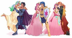 Size: 2048x1091 | Tagged: safe, artist:inkrred, derpibooru import, king sombra, princess cadance, princess celestia, shining armor, sunset shimmer, human, g4, armor, clothes, dress, female, good king sombra, gown, grin, high heels, humanized, image, jpeg, lesbian, light skin, looking at each other, looking at someone, male, shield, ship:celestibra, ship:shiningcadance, ship:sunsetdance, shipping, shoes, simple background, smiling, smiling at each other, straight, tan skin, white background