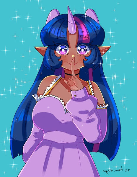 Size: 1545x2000 | Tagged: safe, artist:mylittleyuri, derpibooru import, twilight sparkle, human, g4, alicorn humanization, big breasts, blush lines, blushing, breasts, busty twilight sparkle, choker, clothes, dark skin, dress, elf ears, eyebrows, eyebrows visible through hair, female, finger to mouth pose, heart, heart eyes, horn, horned humanization, humanized, image, jpeg, looking at you, smiling, smiling at you, solo, sparkles, teal eyes, white pupils, wingding eyes, winged humanization, wings