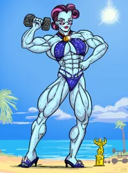 Size: 1246x1682 | Tagged: safe, artist:ritualist, derpibooru import, principal abacus cinch, human, equestria girls, g4, abs, beach, bikini, bodybuilder, breasts, busty principal abacus cinch, clothes, female, food, image, medal, muscles, muscular female, ocean, png, principal abapecs cinch, swimsuit, tree, trophy, water, weight lifting, weights