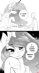 Size: 1070x2000 | Tagged: safe, artist:thelunarmoon, derpibooru import, princess celestia, oc, oc:anon, alicorn, human, pony, g4, 2 panel comic, bedroom eyes, black and white, blushing, comic, date, dialogue, duo, duo male and female, eyebrows, eyebrows visible through hair, female, grayscale, image, jpeg, looking at you, male, mare, monochrome, smiling, smiling at you, speech bubble, straight