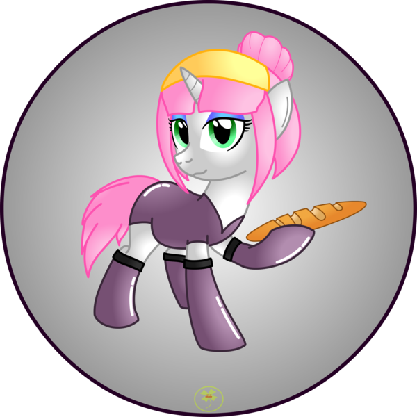 Size: 5000x5000 | Tagged: safe, artist:severity-gray, derpibooru import, oc, oc:léa, ponified, unofficial characters only, pony, unicorn, absurd resolution, baguette, bread, clothes, female, food, gradient background, holding, horn, image, looking at you, mare, partially transparent background, png, ponified oc, smiling, socks, solo, turned head