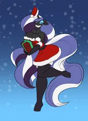 Size: 2400x3300 | Tagged: safe, artist:toughset, derpibooru import, nightmare rarity, anthro, goo, unguligrade anthro, unicorn, g4, big breasts, breasts, christmas, cleavage, clothes, costume, female, gradient background, grin, hat, high res, holding, holiday, horn, image, looking at you, png, present, santa costume, santa hat, smiling, symbiote