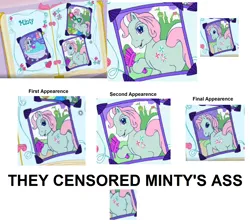 Size: 2452x2200 | Tagged: safe, derpibooru import, screencap, minty, earth pony, pony, a charming birthday, g3, brush, bubble bath, butt, castle, cropped, cucumber, female, food, image, looking back, mare, meme, mintybutt, open mouth, paintbrush, painting, pizza, plot, png, ponyville surprise birthday book, smiling, solo