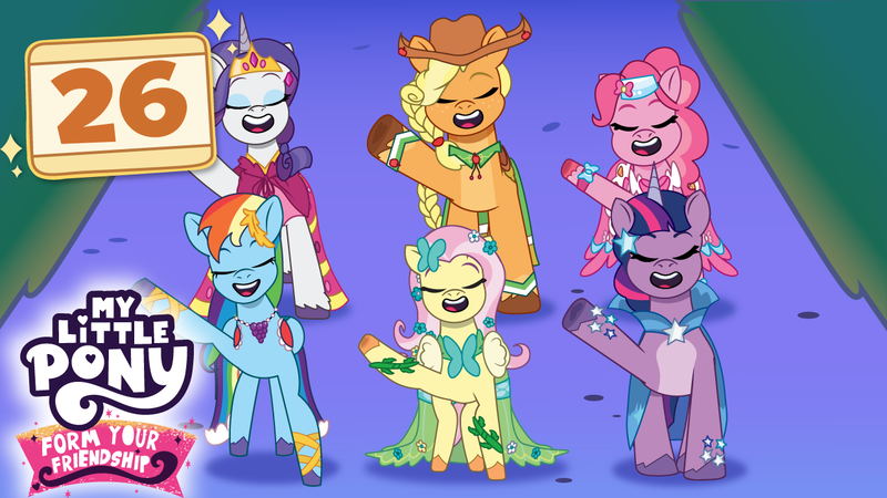 Size: 1281x720 | Tagged: safe, artist:prixy05, derpibooru import, applejack, fluttershy, pinkie pie, rainbow dash, rarity, twilight sparkle, earth pony, pegasus, pony, unicorn, g4, g5, my little pony: tell your tale, the best night ever, clothes, dress, eyes closed, female, g4 to g5, gala dress, generation leap, horn, image, mane six, mare, my little pony, my little pony: form your friendship, png, singing, thumbnail, unicorn twilight