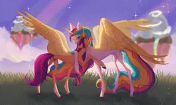 Size: 3801x2277 | Tagged: safe, artist:meggychocolatka, derpibooru import, sunny starscout, alicorn, pony, g5, my little pony: a new generation, alicorn velvet starscout, artificial horn, artificial wings, augmented, backlighting, beautiful, cloud, coat markings, colored, commission, commissioner:princess, concave belly, crying, depth of field, ethereal mane, ethereal tail, female, floating island, floppy ears, grass, height difference, high res, horn, hug, image, jewelry, long mane, long tail, magic, magic horn, magic wings, mane stripe sunny, mare, mother and child, mother and daughter, necklace, no source available, open mouth, outdoors, partially open wings, png, race swap, rainbow waterfall, reunion, shading, skyros, slender, socks (coat marking), spread wings, standing, starry sky, sunnycorn, tail, tall, tears of joy, thin, thin legs, unshorn fetlocks, velvet starscout, water, waterfall, wings