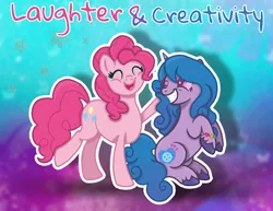 Size: 2000x1542 | Tagged: safe, artist:dagobbie, derpibooru import, izzy moonbow, pinkie pie, butterfly, earth pony, insect, pony, unicorn, g4, g5, bracelet, colored hooves, duo, duo female, eyes closed, female, friendship bracelet, g5 to g4, generation leap, hooves, horn, image, izzy and her heroine, jewelry, jpeg, looking at someone, mare, music notes, one eye closed, open mouth, open smile, raised hoof, raised hooves, smiling, stars, unshorn fetlocks, wink