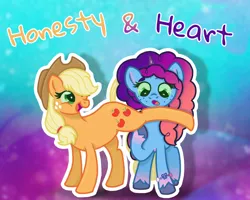 Size: 2000x1601 | Tagged: safe, artist:dagobbie, derpibooru import, applejack, earth pony, pony, unicorn, g4, g5, applejack's hat, bracelet, coat markings, colored hooves, cowboy hat, duo, duo female, female, freckles, friendship bracelet, g5 to g4, generation leap, gradient legs, gradient mane, hat, hooves, horn, image, jewelry, jpeg, mare, misty and her 2nd heroine, misty brightdawn, music notes, open mouth, open smile, raised leg, rebirth misty, smiling, socks (coat marking), unshorn fetlocks