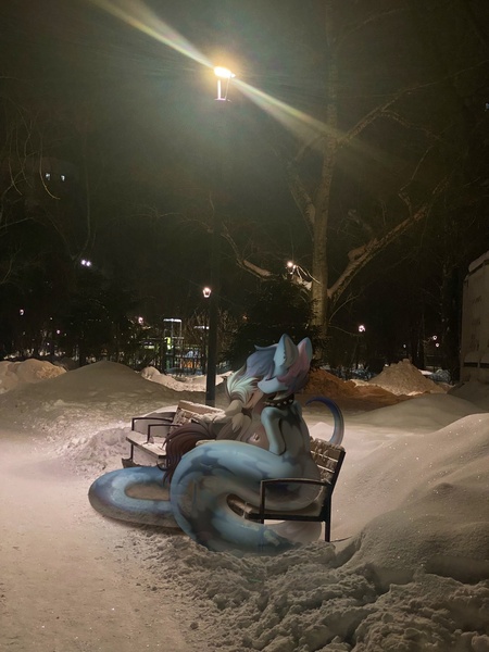 Size: 1620x2160 | Tagged: safe, artist:kebchach, derpibooru import, oc, oc:kebchach, unofficial characters only, original species, pegasus, pony, snake, snake pony, image, irl, jpeg, kissing, night, photo, snow, street lamp, tree