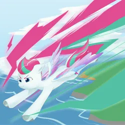 Size: 4096x4096 | Tagged: safe, artist:felldeal, derpibooru import, zipp storm, pegasus, pony, g5, female, flying, image, jpeg, mare, ocean, outdoors, solo, speed lines, water