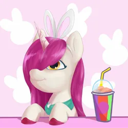 Size: 2250x2250 | Tagged: safe, artist:felldeal, derpibooru import, pony, unicorn, g5, bunny ears, drink, female, horn, image, jpeg, mare, my little pony: a maretime bay adventure, primrose (g5), smoothie, solo