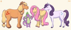 Size: 4884x2093 | Tagged: safe, artist:moult, derpibooru import, applejack, fluttershy, rarity, spike, dragon, earth pony, pegasus, pony, unicorn, g4, applejack's hat, braid, cowboy hat, cream background, female, folded wings, hat, high res, hoers, horn, image, looking at each other, looking at someone, male, mare, png, signature, simple background, slightly chubby, smiling, standing, tail, unshorn fetlocks, winged spike, wings