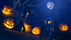 Size: 2048x1152 | Tagged: safe, artist:hexedkaiser, ponerpics import, oc, unofficial characters only, pony, 3d, clothes, costume, duo, duo female, female, halloween, halloween costume, holiday, image, jack-o-lantern, jpeg, mare, night, pumpkin