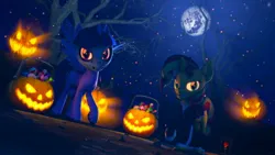 Size: 2048x1152 | Tagged: safe, artist:hexedkaiser, ponerpics import, sunset shimmer, twilight sparkle, pony, 3d, clothes, costume, duo, duo female, female, halloween, halloween costume, holiday, image, jpeg, mare, night