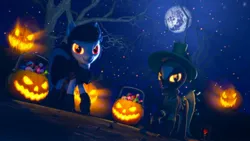 Size: 2048x1152 | Tagged: safe, artist:hexedkaiser, ponerpics import, oc, unofficial characters only, anthro, pony, 3d, clothes, costume, duo, duo female, female, halloween, halloween costume, holiday, image, jack-o-lantern, jpeg, mare, night, pumpkin