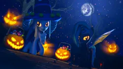 Size: 2048x1152 | Tagged: safe, artist:hexedkaiser, ponerpics import, oc, unofficial characters only, pony, 3d, clothes, costume, duo, duo female, female, halloween, halloween costume, holiday, image, jack-o-lantern, jpeg, mare, pumpkin