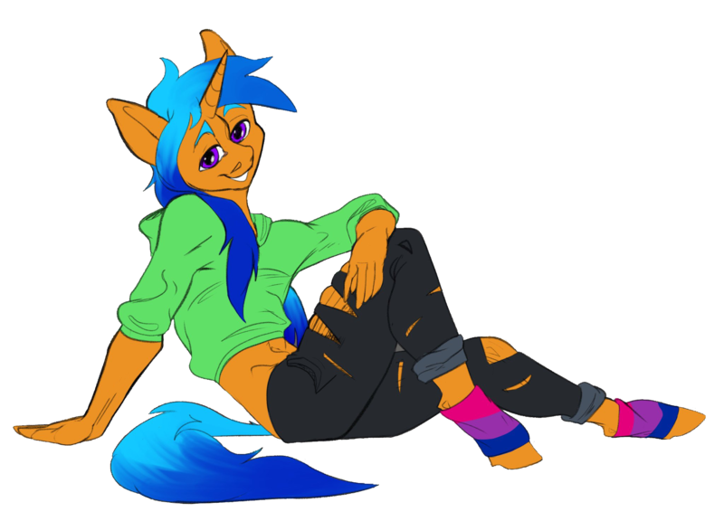 Size: 2048x1448 | Tagged: safe, artist:mekblue, derpibooru import, oc, oc:solar wave, unofficial characters only, pony, species:anthro, unicorn, bisexual pride flag, clothes, denim, hoodie, horn, image, jeans, leg warmers, pants, png, pride, pride flag, purple eyes, raffle prize, ripped jeans, ripped pants, torn clothes