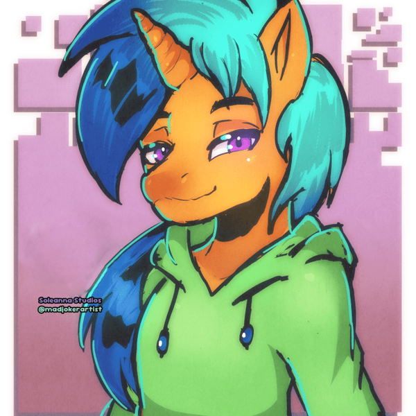 Size: 700x700 | Tagged: safe, artist:mekblue, derpibooru import, oc, oc:solar wave, unofficial characters only, pony, species:anthro, unicorn, clothes, hoodie, image, png, purple eyes, smiling