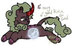 Size: 697x457 | Tagged: safe, artist:arsonrabbit, derpibooru import, oc, oc:river embers, unofficial characters only, kirin, g4, brown coat, cloven hooves, digital art, green eyes, green hair, green mane, green tail, hooves, horn, image, kirin oc, looking at something, looking back, looking down, lying down, male, non-pony oc, png, purple scales, scales, signature, simple background, solo, tail, tangible heavenly object, text, white background