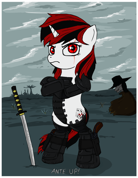 Size: 850x1100 | Tagged: safe, artist:glue123, derpibooru import, oc, oc:blackjack, oc:dealer, unofficial characters only, cyborg, skeleton pony, fallout equestria, fallout equestria: project horizons, amputee, bipedal, bone, cloak, clothes, cloud, crossed hooves, cybernetic legs, duo, duo male and female, eye scar, facial scar, fanfic art, female, female oc, grass, gun, handgun, holster, image, level 2 (project horizons), male, male oc, outdoors, png, prosthetic eye, prosthetic leg, prosthetic limb, prosthetics, revolver, scar, skeleton, sword, two toned mane, weapon