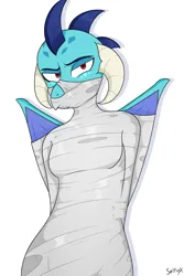 Size: 1000x1500 | Tagged: safe, artist:seltiox, derpibooru import, princess ember, anthro, dragon, g4, bondage, bound and gagged, bound wings, captured, caught, cocoon, dragoness, ember is not amused, encasement, female, gag, image, lidded eyes, looking at you, mummification, mummified, peril, png, restrained, signature, simple background, solo, spider web, unamused, web gag, white background, wings, wrapped up