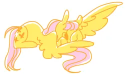 Size: 416x246 | Tagged: safe, artist:let-the-rainbow-remind-us, artist:peppar, derpibooru import, fluttershy, pegasus, pony, g4, alternate hairstyle, backlighting, bangs, feathered wings, female, full body, hiding face, image, lying down, mare, one eye covered, one wing out, png, prone, shy, simple background, solo, three quarter view, white background, wings, younger