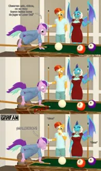 Size: 1920x3242 | Tagged: safe, artist:gradiusfanatic, derpibooru import, princess ember, sunburst, oc, oc:andy glimmer, anthro, dragon, unicorn, g4, 3d, billiards, comic, dragoness, female, horn, image, male, png, source filmmaker, spanish text