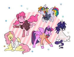 Size: 3488x2673 | Tagged: safe, artist:alexbeeza, derpibooru import, fluttershy, pinkie pie, rainbow dash, rarity, twilight sparkle, twilight sparkle (alicorn), alicorn, earth pony, pegasus, pony, unicorn, g4, :d, ^^, alternate hairstyle, black dress, blazer, blush sticker, blushing, button-up shirt, choker, closed mouth, clothes, collared shirt, cross, cross necklace, curly mane, death note, dress, dress shirt, ear piercing, earring, eyebrows, eyes closed, feathered wings, female, flying, full body, grin, group, hair over one eye, happy, hoof gloves, horn, image, jewelry, l, lidded eyes, light yagami, long sleeves, looking at you, looking back, looking back at you, looking forward, mare, matsuda touta, misa amane, near (death note), necklace, necktie, open mouth, open smile, piercing, png, raised hoof, red eyes, shirt, short hair rainbow dash, side view, sitting, smiling, smiling at you, standing, stars, striped background, suit, three quarter view, underhoof, url, walking, white pupils, white shirt, wings