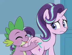 Size: 1728x1344 | Tagged: suggestive, ai content, derpibooru import, generator:zoinksnoob, machine learning generated, spike, starlight glimmer, dragon, pony, unicorn, g4, season 6, the crystalling, age difference, ai composition, blushing, butt, butt grab, butt touch, cute, cute little fangs, dock, duo, duo male and female, eyes closed, fangs, female, glimmer glutes, grope, hand on butt, horn, image, indoors, interspecies, looking at someone, looking back, male, mare, my little pony, png, prompter:tyto4tme4l, scene interpretation, ship:sparlight, shipping, smiling, sparlight, straight, tail, tongue out, wavy mouth, wingless spike