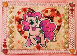 Size: 3791x2786 | Tagged: safe, artist:dariarchangel, derpibooru import, pinkie pie, earth pony, pony, g4, adorable face, alternate cutie mark, beads, bedazzled, blue eyes, blushing, card, craft, curly hair, curly mane, curly tail, cute, cute face, cute smile, diapinkes, female, flower, glittery cutie mark, handmade, heart, heart eyes, image, jpeg, mare, papercraft, pearl, photo, pink coat, pink hair, pink mane, pink tail, postcard, pretty, raised hoof, rhinestones, smiling, solo, tail, traditional art, washi tape, wingding eyes