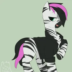 Size: 4000x4000 | Tagged: safe, artist:cheddart, derpibooru import, oc, zebra, blushing, clothes, emo, image, jacket, jpeg, leather, leather jacket, looking at you, one eye covered, raised hoof, simple background, two toned mane, zebra oc