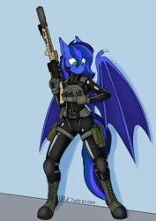 Size: 2100x2970 | Tagged: safe, artist:cuttingchipset, artist:in3ds2, derpibooru import, oc, oc:guard cobalt flash, anthro, bat pony, armor, bat pony oc, bat wings, boots, clothes, combat armor, commission, gun, harness, image, latex, latex suit, male, png, reloading, shoes, solo, solo male, tack, weapon, wings