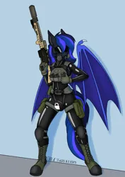 Size: 2100x2970 | Tagged: suggestive, artist:cuttingchipset, artist:in3ds2, derpibooru import, oc, oc:guard cobalt flash, anthro, bat pony, unguligrade anthro, armor, bat pony oc, bat wings, boots, clothes, combat armor, commission, crotch bulge, gas mask, gun, harness, image, latex, latex suit, male, mask, null bulge, png, reloading, shoes, solo, solo male, tack, weapon, wings