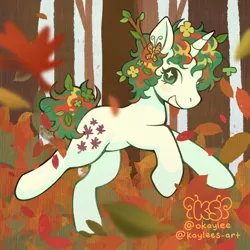 Size: 3000x3000 | Tagged: safe, artist:kaylees-art, derpibooru import, gusty, butterfly, insect, pony, unicorn, g1, aside glance, autumn, autumn leaves, clover, cute, depth of field, falling leaves, female, forest, four leaf clover, green eyes, green mane, green tail, grin, gustybetes, horn, image, leaf, leaves, looking at you, maple leaf, mare, nature, outdoors, png, running, short mane, short tail, sideways glance, signature, smiling, smiling at you, solo, sparkles, sparkly eyes, tail, three quarter view, tree, tree branch, two toned mane, two toned tail, white coat, wingding eyes