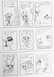 Size: 1459x2048 | Tagged: safe, artist:pony quarantine, derpibooru import, oc, unofficial characters only, earth pony, pony, unicorn, series:pq funnies, bed, bedtime story, book, colt, comic, comic strip, cute, dialogue, family, female, filly, foal, grayscale, hair over eyes, hoof hold, horn, illiteracy, image, jpeg, letter, love letter, male, mare, monochrome, oc x oc, on bed, pencil drawing, shipping, stallion, traditional art, wholesome