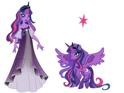 Size: 3072x2304 | Tagged: safe, artist:braccher, derpibooru import, princess luna, twilight sparkle, twilight sparkle (alicorn), oc, alicorn, human, pony, equestria girls, g4, adoptable, breasts, cleavage, clothes, colored pupils, dress, ethereal mane, ethereal tail, eye clipping through hair, eyebrows, eyebrows visible through hair, eyeshadow, female, fusion, fusion:princess luna, fusion:twilight sparkle, fusion:twiluna, gradient legs, humanized, image, jewelry, lightly watermarked, lipstick, makeup, mare, off shoulder, png, princess, princess dress, purple lipstick, purple pupils, spread wings, tail, tiara, watermark, we have become one, wings