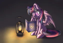 Size: 2827x1918 | Tagged: safe, artist:dusthiel, derpibooru import, twilight sparkle, twilight sparkle (alicorn), alicorn, pony, g4, atg 2016, book, female, horn, image, lamp, mare, newbie artist training grounds, png, sitting, solo, wings