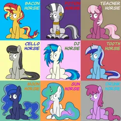 Size: 2700x2700 | Tagged: safe, artist:banquo0, derpibooru import, berry punch, berryshine, cheerilee, minuette, octavia melody, princess celestia, princess luna, sunset shimmer, vinyl scratch, zecora, alicorn, earth pony, pony, unicorn, g4, :>, collage, derp, female, horn, image, jpeg, missing accessory, simple background, sitting, smiling, text