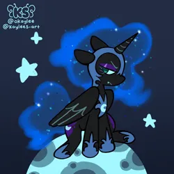 Size: 3000x3000 | Tagged: safe, artist:kaylees-art, derpibooru import, nightmare moon, alicorn, pony, g4, aside glance, both cutie marks, closed mouth, dark, dark background, dark blue background, ethereal mane, ethereal tail, eyebrows, eyelashes, eyeshadow, fangs, feathered wings, female, floppy ears, folded wings, full body, glare, high res, hoof shoes, horn, image, looking at you, makeup, mare, moon, no pupils, peytral, png, princess shoes, side view, sideways glance, signature, sitting, solo, space, sparkles, sparkly mane, sparkly tail, starry mane, starry tail, stars, tail, wings