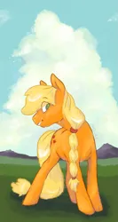 Size: 1093x2048 | Tagged: safe, artist:zaquarii, derpibooru import, applejack, earth pony, pony, g4, blue sky, braid, cloud, day, eye clipping through hair, eyebrows, eyebrows visible through hair, female, full body, grass, grass field, grin, image, looking at you, mare, missing accessory, mountain, mountain range, outdoors, png, scenery, signature, sky, smiling, smiling at you, solo, standing, turned head