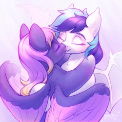 Size: 3000x3000 | Tagged: safe, artist:amishy, derpibooru import, oc, unofficial characters only, pegasus, pony, abstract background, blushing, duo, duo female, eyes closed, fangs, female, high res, image, jpeg, kiss on the lips, kissing, lesbian, mare, oc x oc, partially open wings, shipping, spread wings, wings